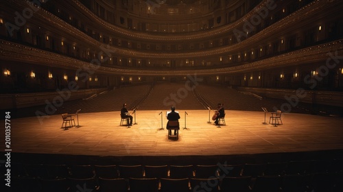 Musicians performing on stage illuminated by spotlight in theater hall