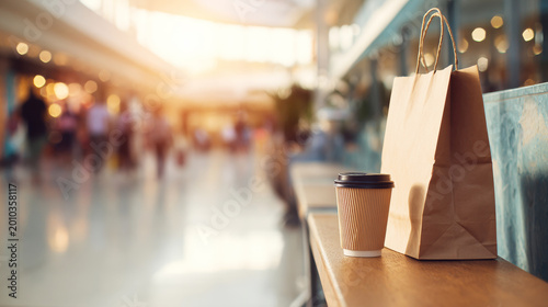 Shopping bag and takeaway coffee cup resting on a bench inside a bright mall, blurred shoppers walking in the background