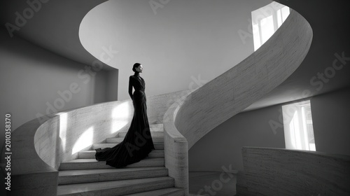 Woman in elegant gown ascends spiral staircase in black and white