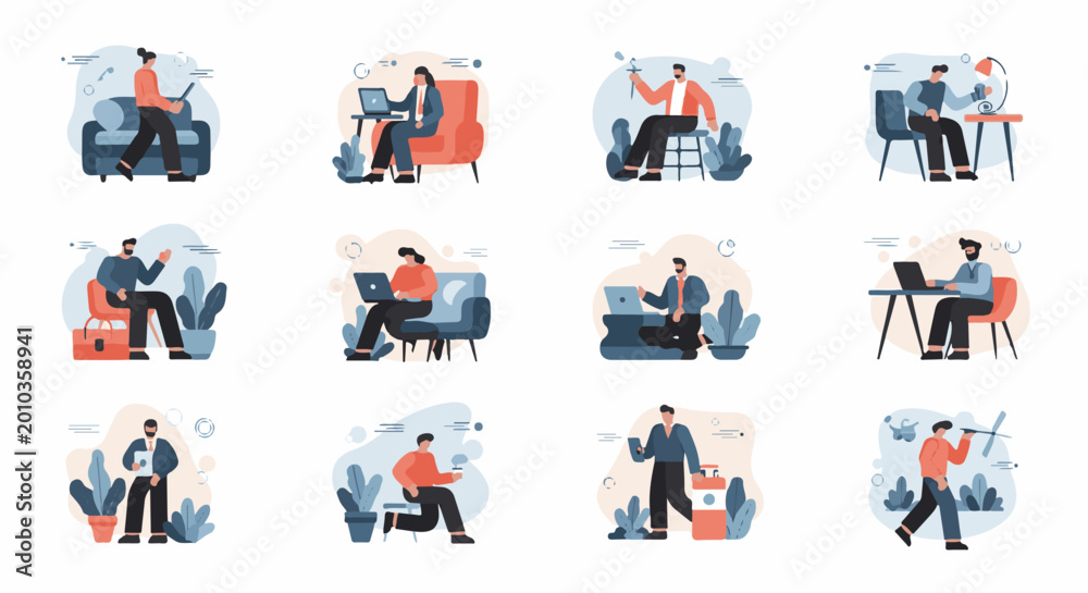 Fototapeta premium Diverse individuals engaged in various work and leisure activities with modern tools