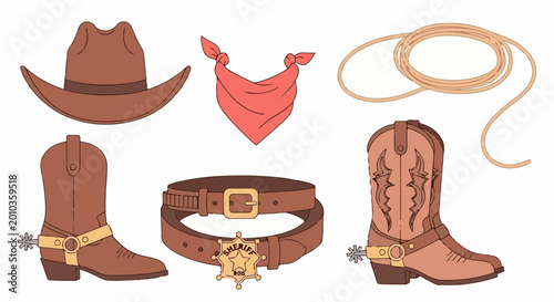 Cartoon cowboy attire hat, bandana, lasso, boots, belt, badge