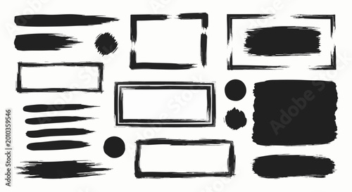 Collection of black brush stroke shapes and frames on white background