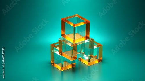 Abstract action of transparent cubes stacked studio 3d render modern environment aesthetic viewpoint
