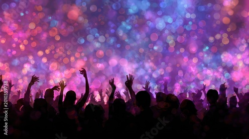 Silhouetted crowd with raised arms against abstract bokeh background