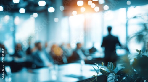 Blurred view of a business conference with people and plants in an office space