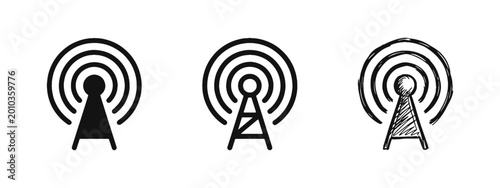 Bild auf Leinwand Radio Tower and Broadcasting Antenna Icon Set - Solid Outline and Sketch Styles