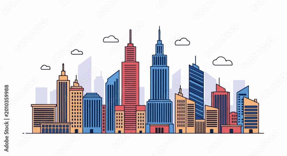 Obraz premium Stylized cityscape with colorful buildings under a cloudy sky