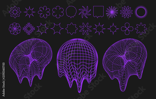 Purple cyber distorted shapes, retro punk design elements. Melting geometry elements. Isolated wireframe style on black background. Vector trendy illustration.