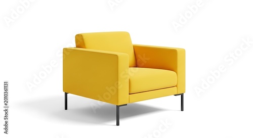 A modern, minimalist armchair in a vibrant yellow hue, set against a clean white backdrop with a subtle shadow
