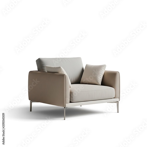 A modern, minimalist armchair is centered, showcasing soft, neutral tones and a supportive design. Includes a back pillow and a side cushion