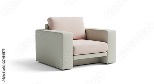 A modern, minimalist armchair with a boxy silhouette, featuring a light-grey frame and a soft, blush-colored cushion. It's set against a clean white background