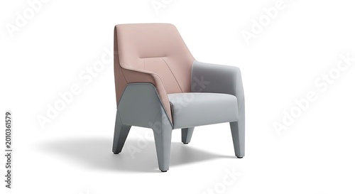 A modern, two-tone armchair, in neutral colors, with a high back and integrated armrests, casting a subtle shadow against a white backdrop