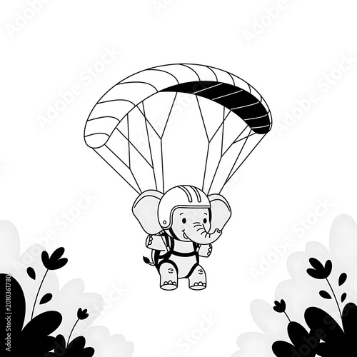 A monochrome illustration depicts a cute elephant wearing a helmet and harness, descending with a parachute. Silhouetted plants frame the scene