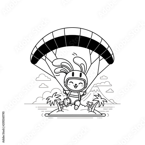 A monochrome illustration depicts a happy, helmeted rabbit enjoying parasailing. The scene features a small island with palm trees, clouds, and mountains. The bunny appears mid-air