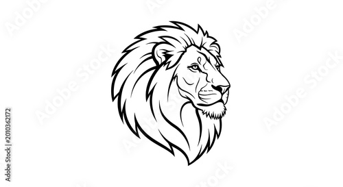A monochrome illustration showcasing a lion's head profile, with detailed lines depicting the mane and facial features. A regal depiction