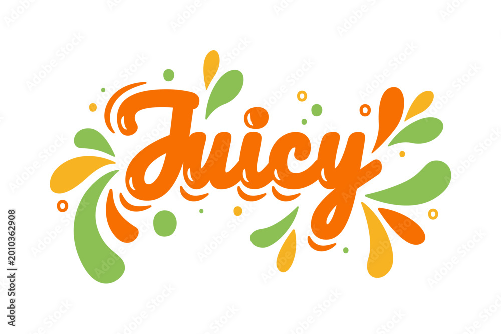 Obraz premium Bright and playful Juicy lettering design, fresh summer vibes. Retro-style typography with colorful splash and drops. Fun, energetic composition for stickers, label, t-shirts, emblem, phone cases