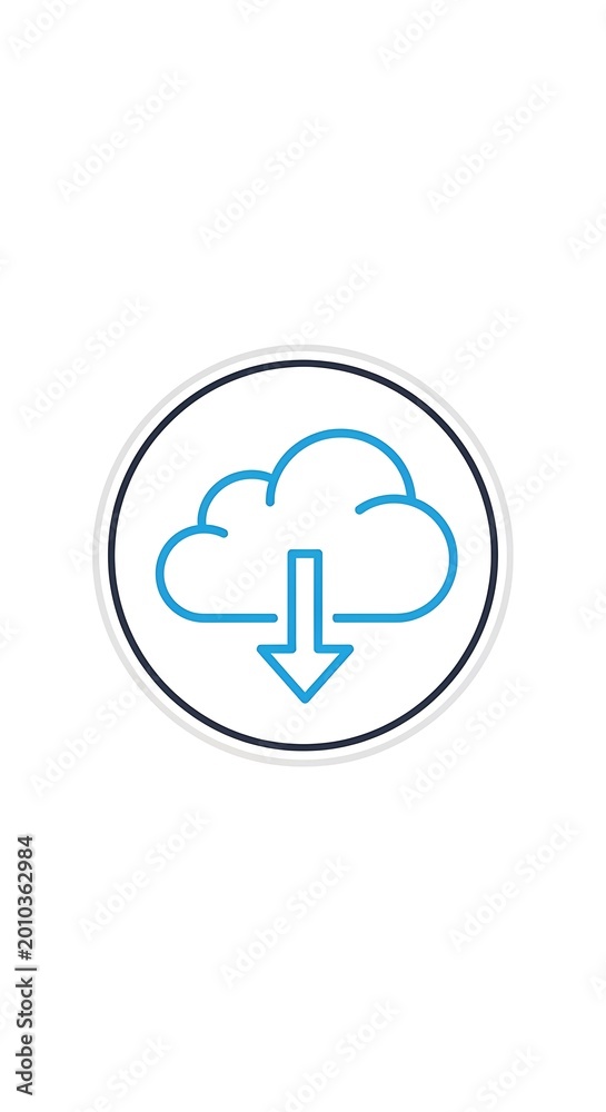Obraz premium A simple icon depicting a cloud shape with a downward arrow inside a circular frame on a plain white background. It symbolizes downloading or cloud storage