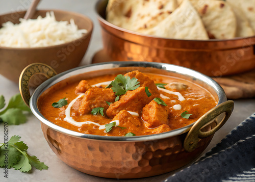 Butter chicken in a copper bowl, rich orange curry, cinematic lighting, food photography