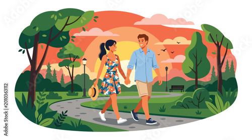 Tablou pe pânză Flat style vector illustration of romantic couple walking hand in hand in park a