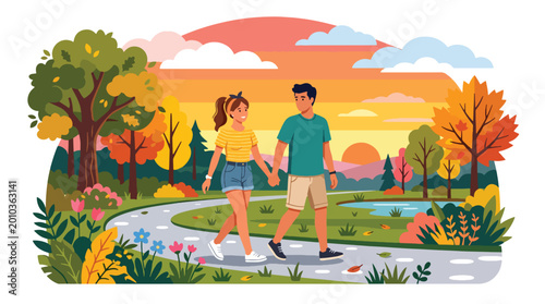 Bild auf Leinwand Flat style vector illustration of romantic couple walking hand in hand in park a