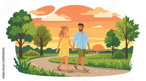 Fotografia Flat style vector illustration of romantic couple walking hand in hand in park a