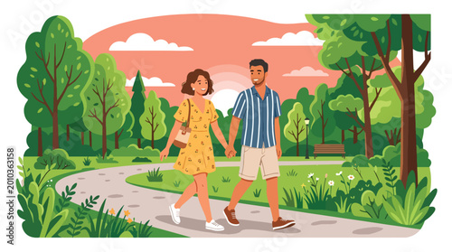 Tablou pe pânză Flat style vector illustration of romantic couple walking hand in hand in park a