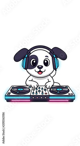 A playful cartoon puppy, with a black and white coat, wearing headphones, and operating DJ equipment