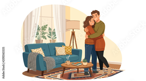Tableau sur toile Flat style vector illustration of couple hugging in cozy living room, romantic h