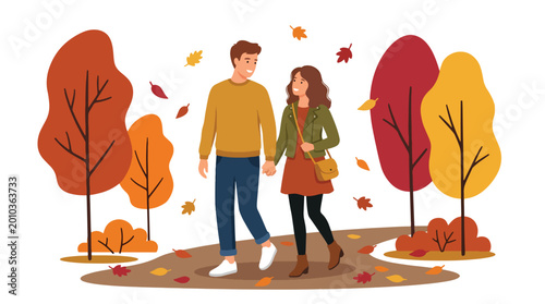 Fotografie Flat style vector illustration of couple walking in autumn park with falling lea