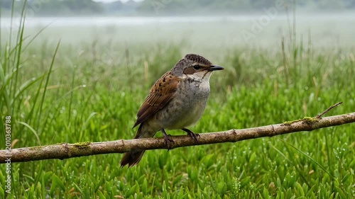 A little sparrow perched on a branch in a misty green meadow grass nature wildlife