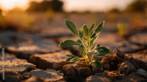 Hope Sprouts in Arid Land: A solitary green sprout emerges from the cracked, dry earth, bathed in the warm light of a setting sun.