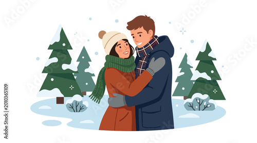 Obraz na płótnie Flat style vector illustration of couple hugging in snowy winter landscape, roma