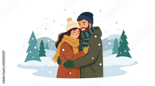 Flat style vector illustration of couple hugging in snowy winter landscape, romantic seasonal concept