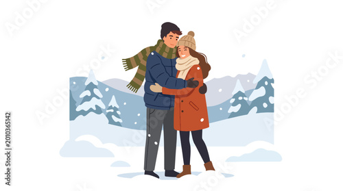 Bild auf Leinwand Flat style vector illustration of couple hugging in snowy winter landscape, roma