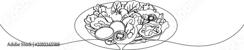 Fresh salad bowl continuous line drawing minimalist food dish plate outline vector illustration simple line art design