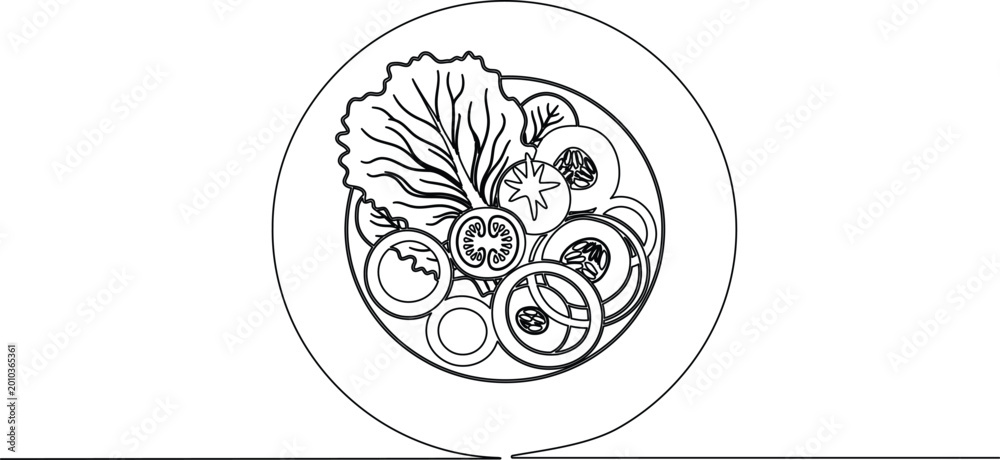 Obraz premium Fresh salad bowl continuous line drawing minimalist food dish plate outline vector illustration simple line art design