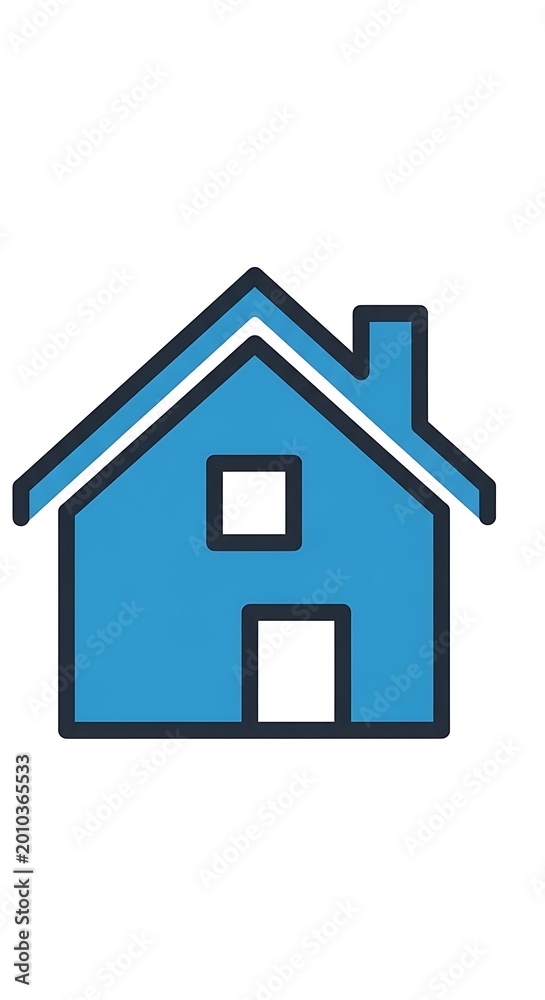 Fototapeta premium A simplified, two-dimensional illustration of a house with a blue outline and fill, featuring a door, windows, and chimney