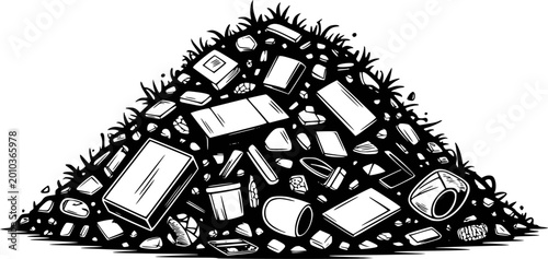 Canvas Print Black and white of a large pile of discarded and debris trash garbage waste