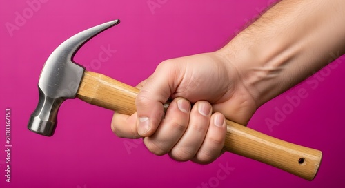 Hand holding hammer on magenta background.