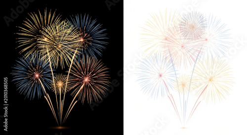 Vibrant fireworks exploding in the night sky with colorful bursts of light on black and white backgrounds for celebration and festivities
