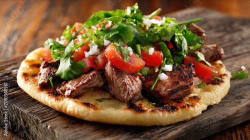 Delicious grilled meat with fresh tomatoes and herbs on flatbread
