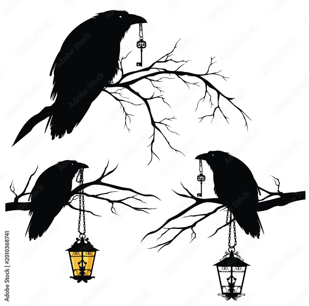 Fototapeta premium mystic raven bird on bare tree branch holding skeleton key and chain hanging antique style lamp - halloween magic animal vector design set