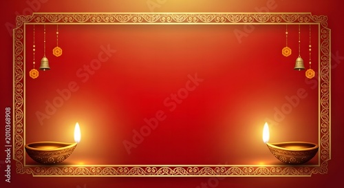 Red festive frame with oil lamps and bells.