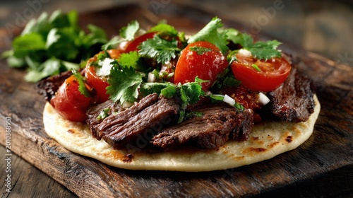 Delicious meat and tomato dish on flatbread with herbs and wooden board