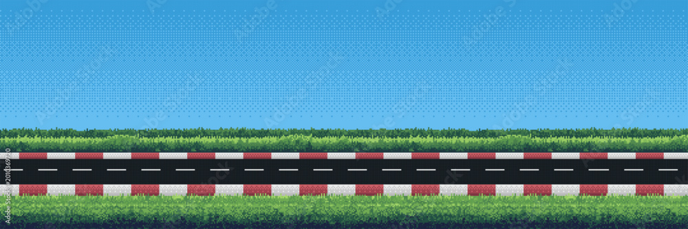 Fototapeta premium Pixel art road with grass and blue sky background. Retro game design element with asphalt racing track. Horizontal landscape layout for video game environment and virtual racing display.
