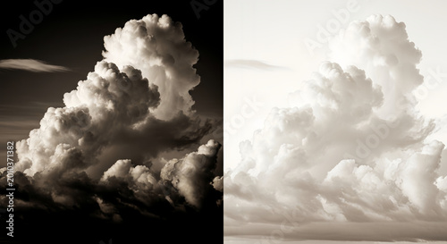 Dramatic cumulus clouds in contrasting black and white skies side by side