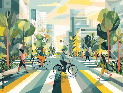 Vibrant cartoon illustration of a sunny city intersection. Cyclists and pedestrians cross a zebra walk framed by tall buildings, lush green trees, and a distant bridge under a cloudy sky.