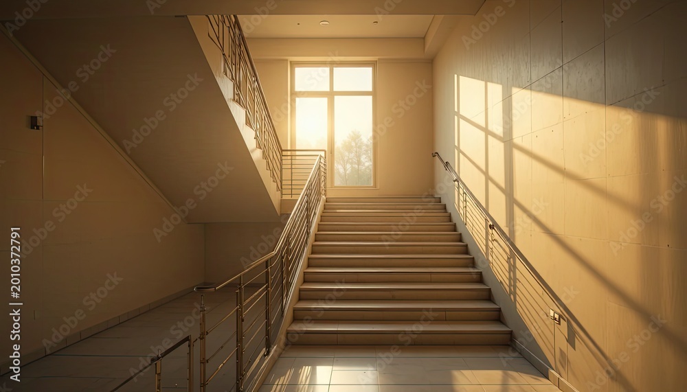 Fototapeta premium A serene staircase with warm sunlight streaming through a large window at the top, casting shadows on the walls and railings in a modern building interior