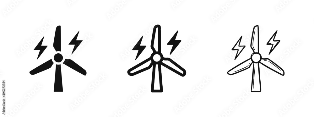 Obraz premium Renewable Energy Icon Set - Wind Turbine with Lightning Bolt Symbols