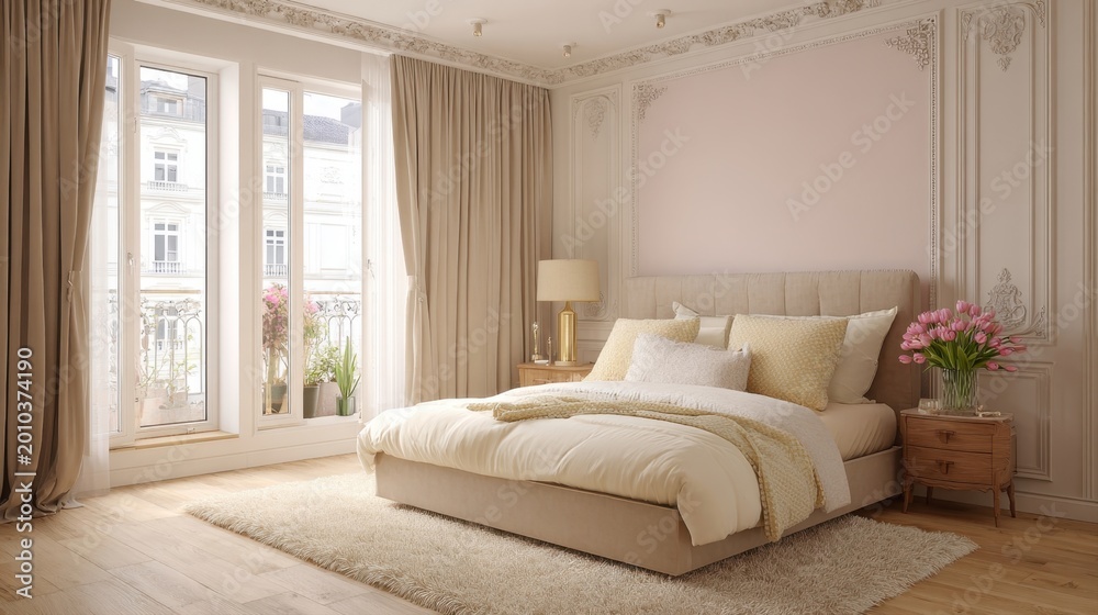 Fototapeta premium Luxurious classic bedroom interior design in soft pastel tones featuring a large comfortable bed, ornate wall moldings, elegant curtains, and a beautiful bouquet of pink tulips on the nightstand.